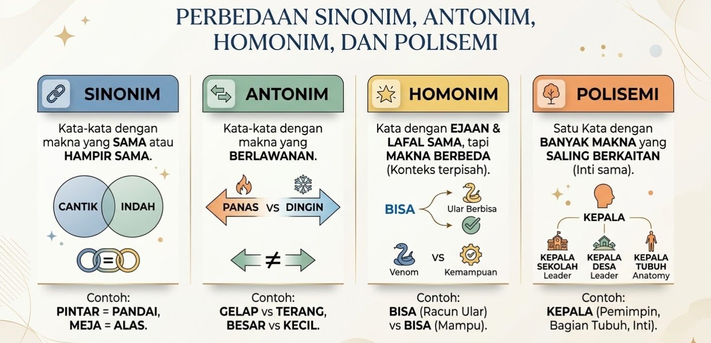 Perbedaan Sinonim, Antonim, Homonim, dan Polisemi